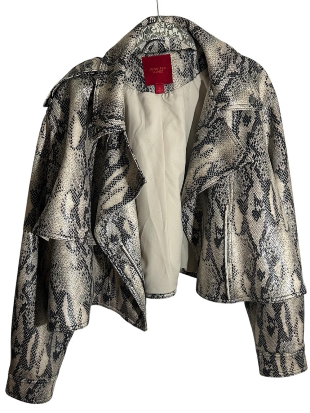 Jennifer Lopez Faux Snake-Print Cropped Moto Jacket Size XL - Picture 4 of 7